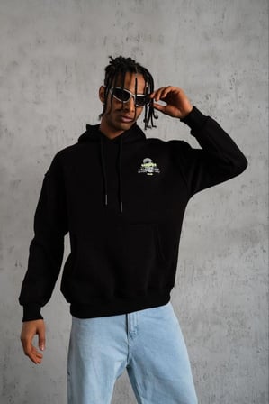 Erkek Baskılı Kapüşonlu  iplik pamuklu hoodie Sweatshirt - Siyah