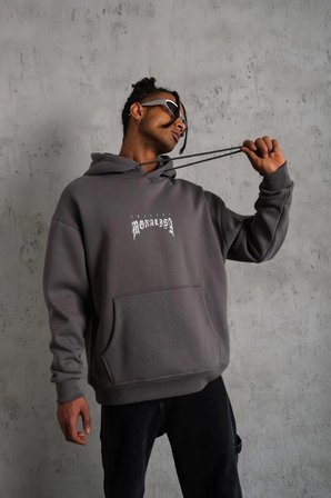 Erkek  İplik Pamuklu Kapüşonlu Baskılı Cepli Oversize Sweatshirt Hoodie - Gri