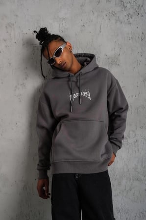 Erkek  İplik Pamuklu Kapüşonlu Baskılı Cepli Oversize Sweatshirt Hoodie - Gri
