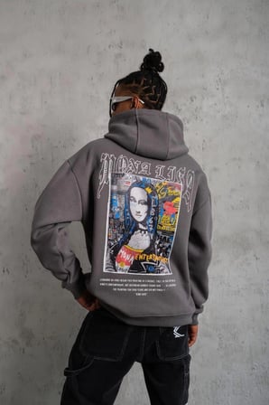 Erkek  İplik Pamuklu Kapüşonlu Baskılı Cepli Oversize Sweatshirt Hoodie - Gri