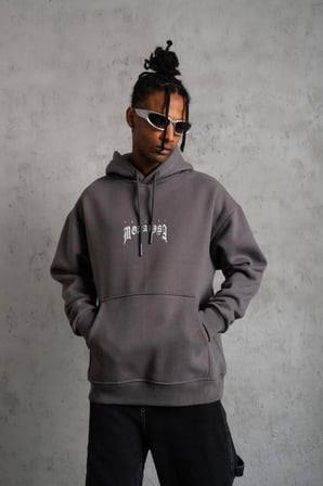 Erkek  İplik Pamuklu Kapüşonlu Baskılı Cepli Oversize Sweatshirt Hoodie - Gri