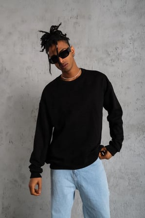 Erkek Bisiklet Yaka Baskılı  İplik Pamuklu Sweatshirt -  Siyah