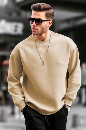Erkek Düz Bisiklet Yaka 3 iplik pamuklu Sweatshirt - Bej