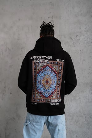 Erkek  İplik Pamuklu Kapüşonlu Baskılı Cepli Oversize Sweatshirt Hoodie - Siyah