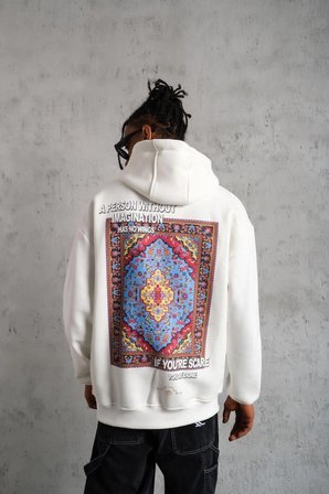 Erkek  İplik Pamuklu Kapüşonlu Baskılı Cepli Oversize Sweatshirt Hoodie - Beyaz