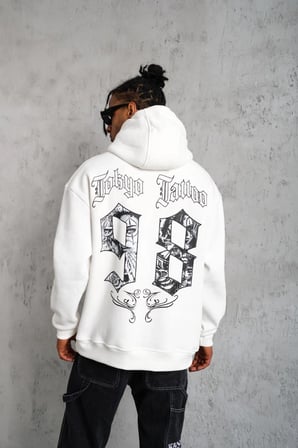 Erkek  Baskılı Kapşonlu  iplik pamuklu Sweatshirt hoodie - Beyaz