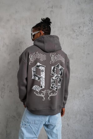 Erkek  İplik Pamuklu Kapüşonlu Baskılı Cepli Oversize Sweatshirt Hoodie - Gri