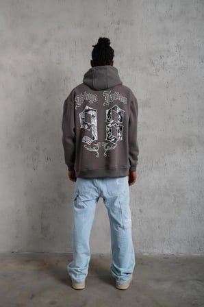 Erkek  İplik Pamuklu Kapüşonlu Baskılı Cepli Oversize Sweatshirt Hoodie - Gri