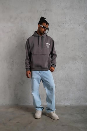 Erkek  İplik Pamuklu Kapüşonlu Baskılı Cepli Oversize Sweatshirt Hoodie - Gri