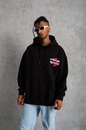 Erkek  İplik Pamuklu Kapüşonlu Baskılı Cepli Oversize Sweatshirt Hoodie - Siyah