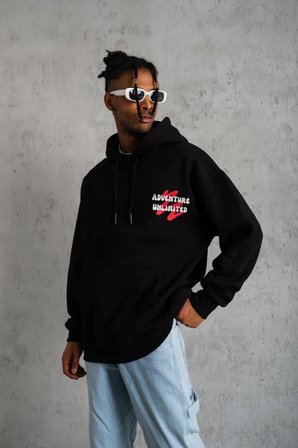 Erkek  İplik Pamuklu Kapüşonlu Baskılı Cepli Oversize Sweatshirt Hoodie - Siyah