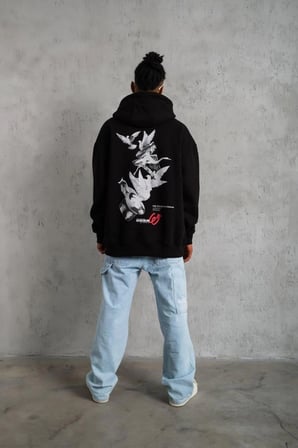 Erkek  İplik Pamuklu Kapüşonlu Baskılı Cepli Oversize Sweatshirt Hoodie - Siyah