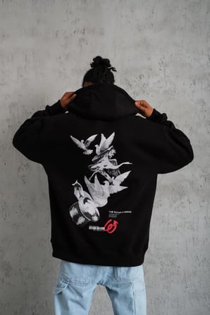 Erkek  İplik Pamuklu Kapüşonlu Baskılı Cepli Oversize Sweatshirt Hoodie - Siyah