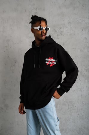 Erkek  İplik Pamuklu Kapüşonlu Baskılı Cepli Oversize Sweatshirt Hoodie - Siyah