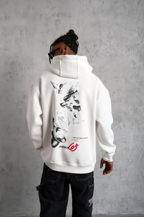 Erkek  İplik Pamuklu Kapüşonlu Baskılı Cepli Oversize Sweatshirt Hoodie - Beyaz
