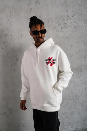 Erkek  İplik Pamuklu Kapüşonlu Baskılı Cepli Oversize Sweatshirt Hoodie - Beyaz