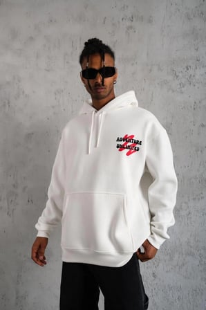 Erkek  İplik Pamuklu Kapüşonlu Baskılı Cepli Oversize Sweatshirt Hoodie - Beyaz