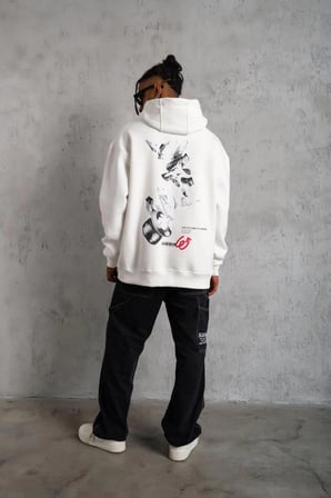 Erkek  İplik Pamuklu Kapüşonlu Baskılı Cepli Oversize Sweatshirt Hoodie - Beyaz