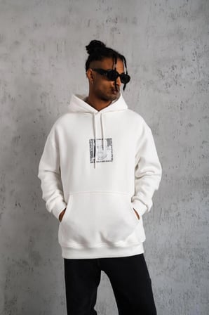 Erkek  İplik Pamuklu Kapüşonlu Baskılı Cepli Oversize Sweatshirt Hoodie - Beyaz