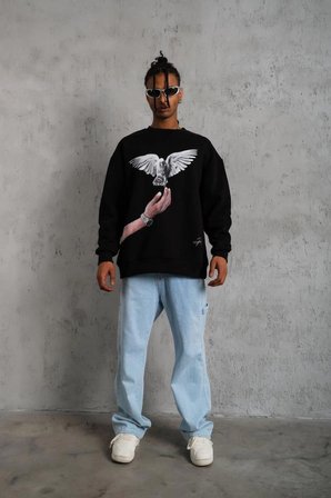 Erkek Güvercin Baskılı  iplik Bisiklet Yaka ipamuklu Sweatshirt - Siyah