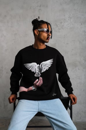 Erkek Güvercin Baskılı  iplik Bisiklet Yaka ipamuklu Sweatshirt - Siyah