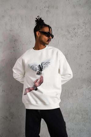 Erkek Güvercin Baskılı  iplik pamuklu Bisiklet Yaka Sweatshirt - Beyaz