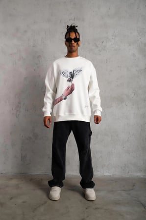 Erkek Güvercin Baskılı  iplik pamuklu Bisiklet Yaka Sweatshirt - Beyaz