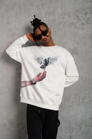 Erkek Güvercin Baskılı  iplik pamuklu Bisiklet Yaka Sweatshirt - Beyaz