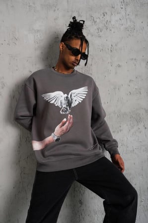 Erkek Güvercin Baskılı  iplik pamuklu Bisiklet Yaka Sweatshirt - Gri
