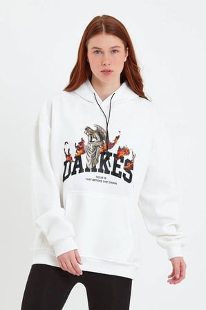 Kadın Oversize Kapüşonlu Cepli Baskılı  İplik Pamuklu Hoodie Sweatshirt - Beyaz