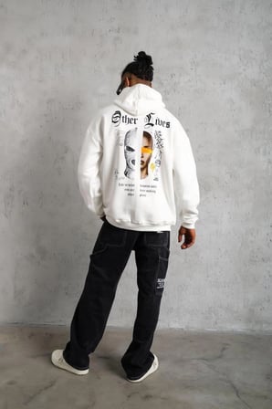 Erkek  İplik Pamuklu Kapüşonlu Baskılı Cepli Oversize Sweatshirt Hoodie - Beyaz