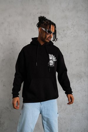 Erkek  İplik Pamuklu Kapüşonlu Baskılı Cepli Oversize Sweatshirt Hoodie - Siyah