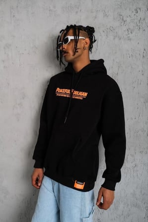 Erkek  İplik Pamuklu Kapüşonlu Baskılı Cepli Oversize Sweatshirt Hoodie - Siyah