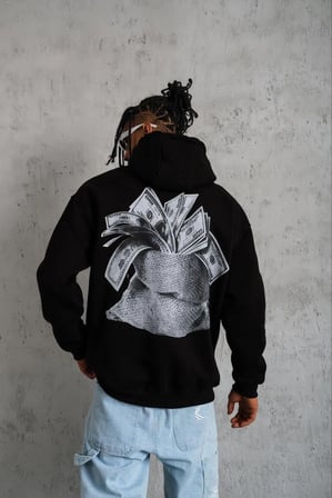 Erkek  İplik Pamuklu Kapüşonlu Baskılı Cepli Oversize Sweatshirt Hoodie - Siyah