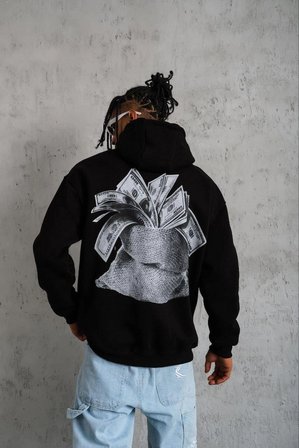 Erkek  İplik Pamuklu Kapüşonlu Baskılı Cepli Oversize Sweatshirt Hoodie - Siyah