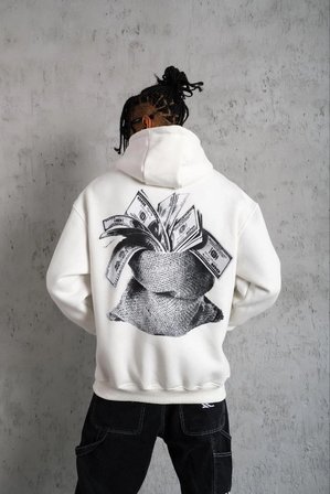 Erkek  İplik Pamuklu Kapüşonlu Baskılı Cepli Oversize Sweatshirt Hoodie - Beyaz