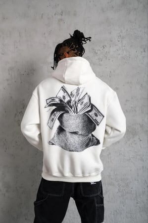 Erkek  İplik Pamuklu Kapüşonlu Baskılı Cepli Oversize Sweatshirt Hoodie - Beyaz