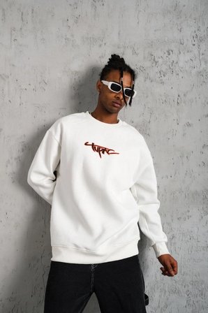 Erkek  İplik Pamuklu Bisiklet Yaka Gangster Baskılı Sweatshirt - Beyaz