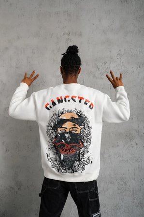 Erkek  İplik Pamuklu Bisiklet Yaka Gangster Baskılı Sweatshirt - Beyaz
