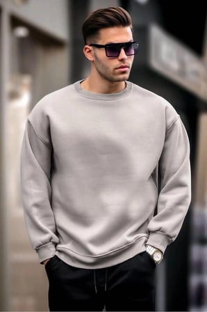 Erkek Düz Bisiklet Yaka 3 iplik Sweatshirt - Boyalı Gri
