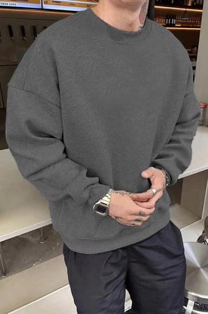 Erkek Düz Bisiklet Yaka  iplik pamuklu sweatshirt - Füme