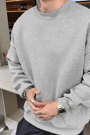 Erkek Düz Bisiklet Yaka  iplik pamuklu sweatshirt - Gri