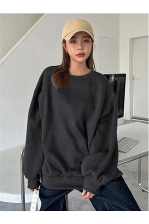 Kadın Düz Bisiklet Yaka 3 iplik Sweatshirt - Siyah