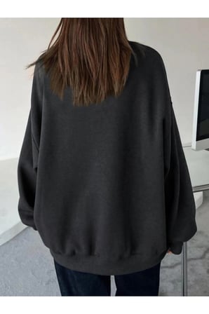 Kadın Düz Bisiklet Yaka 3 iplik Sweatshirt - Siyah
