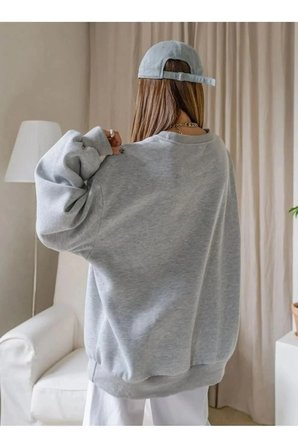 Kadın  İplik Pamuklu Oversize Yarım Fermuarlı Yakalı Basic Sweatshirt - Gri
