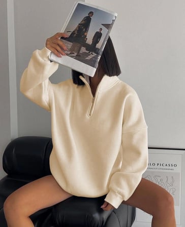 Kadın  İplik Pamuklu Oversize Yarım Fermuarlı Yakalı Basic Sweatshirt - Bej