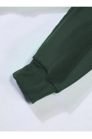 Erkek  İplik Pamuklu Kapüşonlu Kanguru Cepli Sweatshirt Hoodie -  Koyu Yeşil