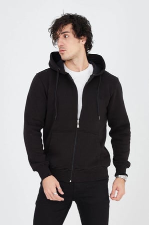Erkek  İplik Pamuklu Fermuarlı Kapüşonlu Kanguru Cepli Hoodie Hırka Sweatshirt - Siyah