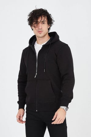 Erkek  İplik Pamuklu Fermuarlı Kapüşonlu Kanguru Cepli Hoodie Hırka Sweatshirt - Siyah