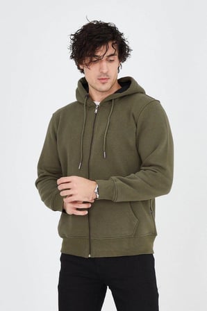 Erkek  İplik Pamuklu Fermuarlı Kapüşonlu Kanguru Cepli Hoodie Hırka Sweatshirt - Yeşil